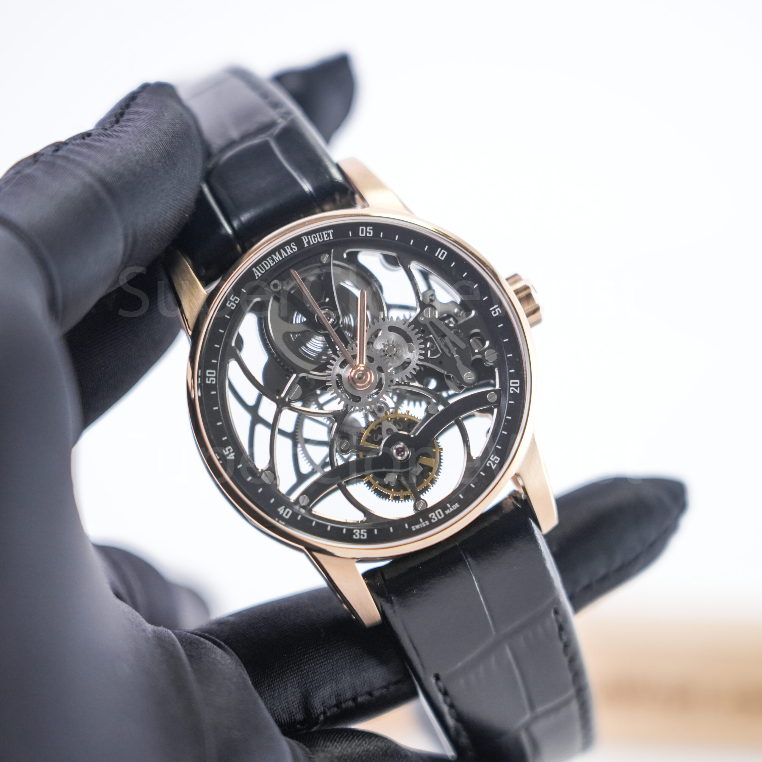 Audemars Piguet style openworked watch angled QC photo for case strap and dial checks