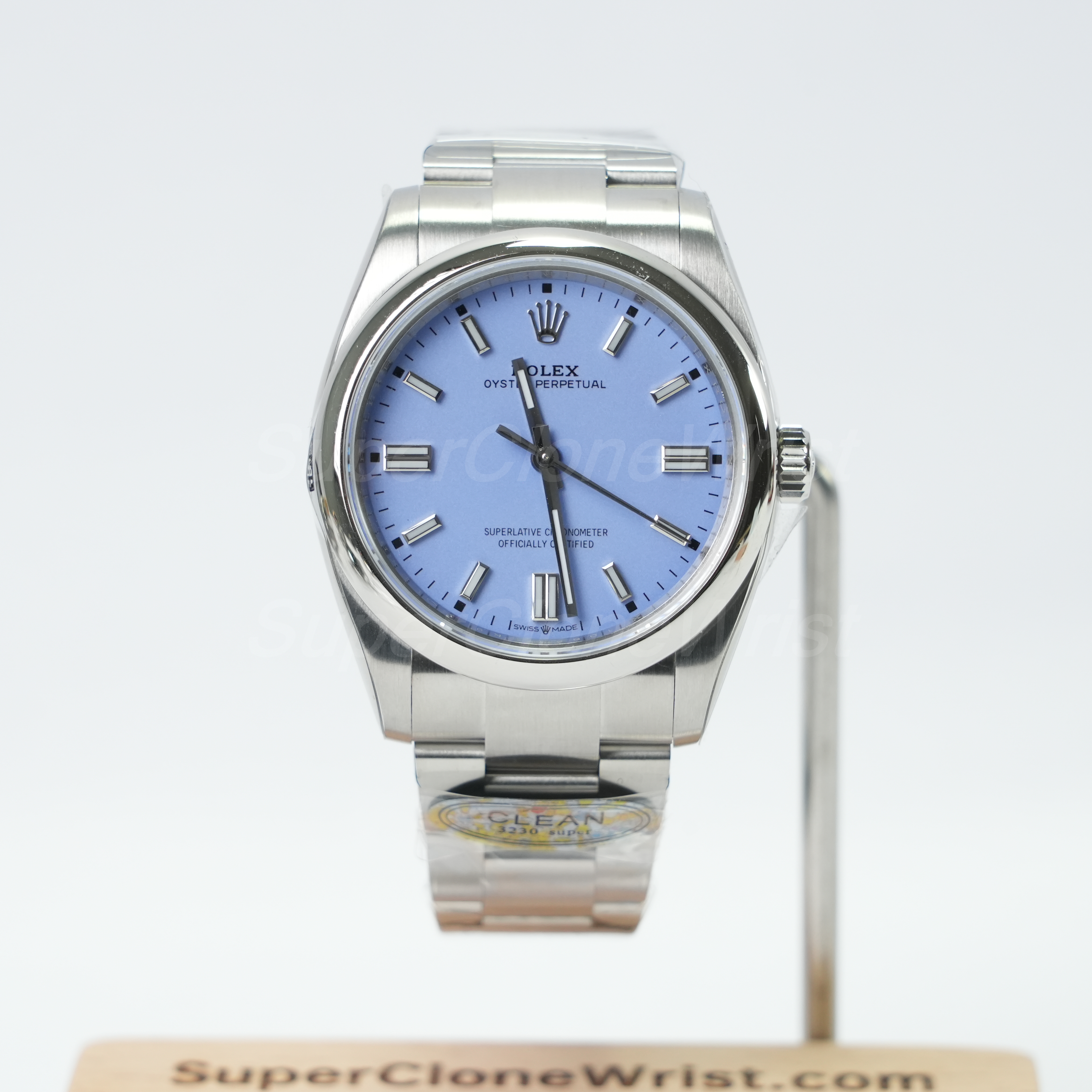 Oyster Perpetual purple dial watch for dial marker and hand alignment QC photo review