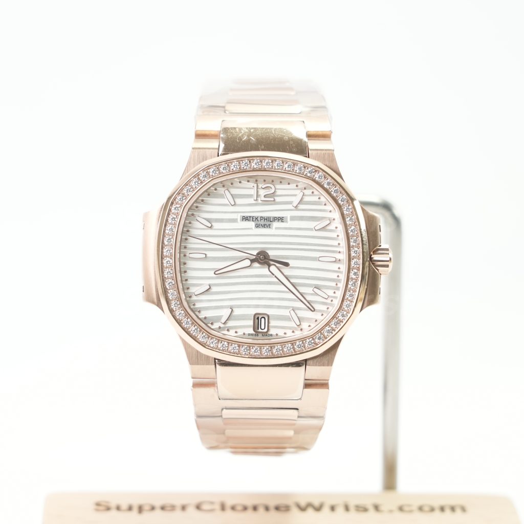 Patek Philippe Nautilus 7118/1200R Rose Gold Silvery Opaline Dial Diamond Bezel Rose Gold Bracelet 35mm Replica Watches - 1