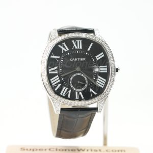 Cartier Drive de Cartier Steel Diamond Bezel Cushion Case Black Dial Black Alligator Leather Strap 40mm Replica Watches - 1