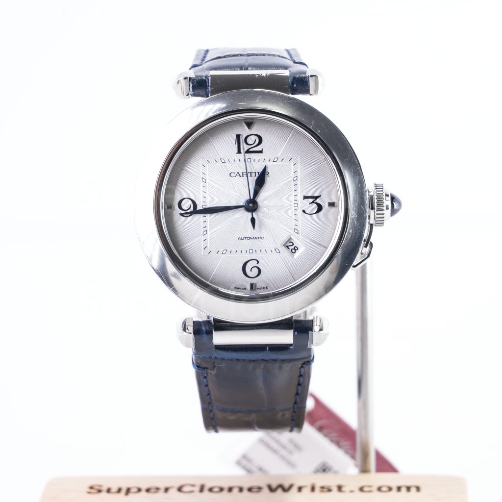 Cartier Pasha de Cartier Steel White Dial Steel Bezel Blue Alligator Leather Strap 41mm Replica Watches - 1