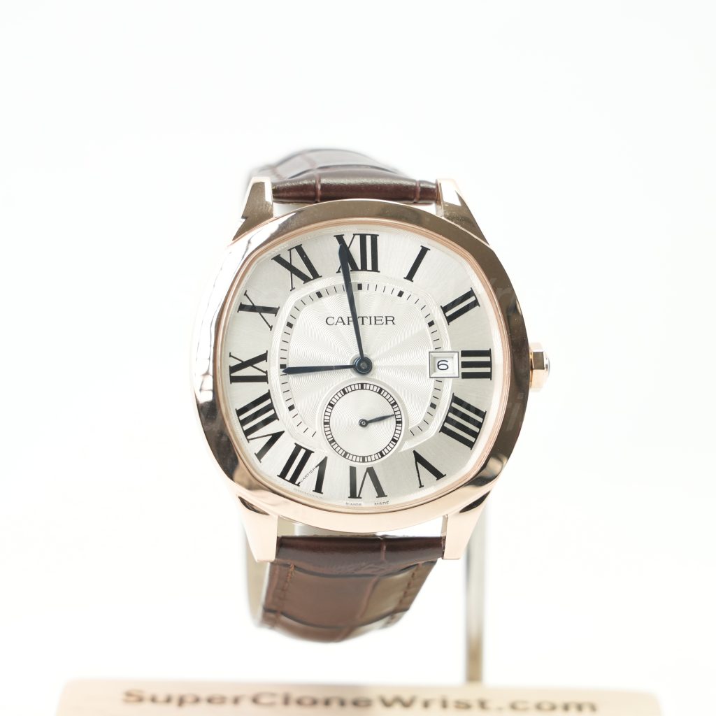 Cartier Drive de Cartier Rose Gold Cushion Case Silver Dial Brown Alligator Leather Strap 40mm Replica Watches - 1