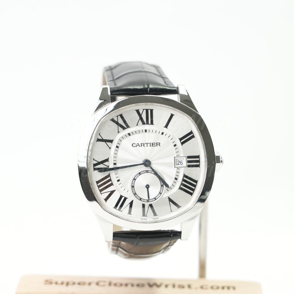 Cartier Drive de Cartier Steel Cushion Case Silver Dial Black Alligator Leather Strap 40mm Replica Watches - 1