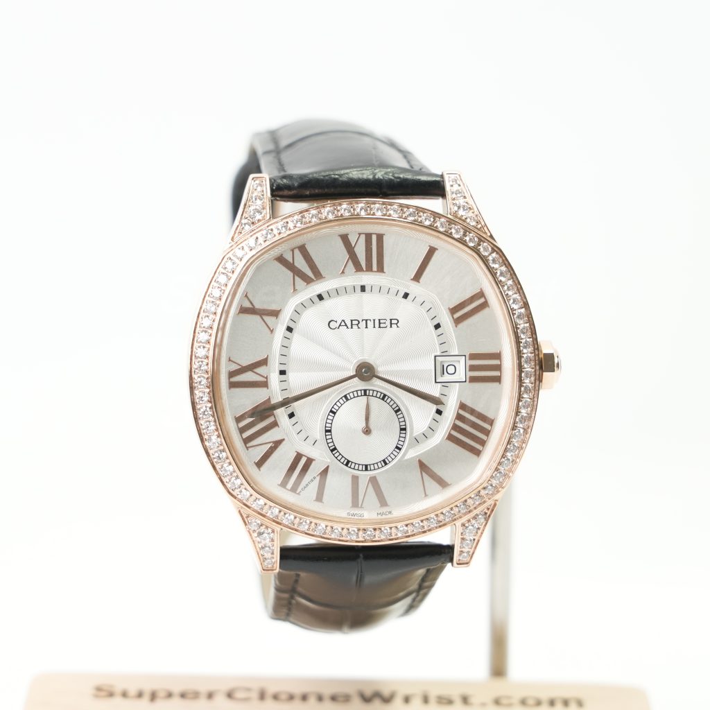 Cartier Drive de Cartier Rose Gold Diamond Bezel Cushion Case White Dial Black Alligator Leather Strap 40mm Replica Watches - 1