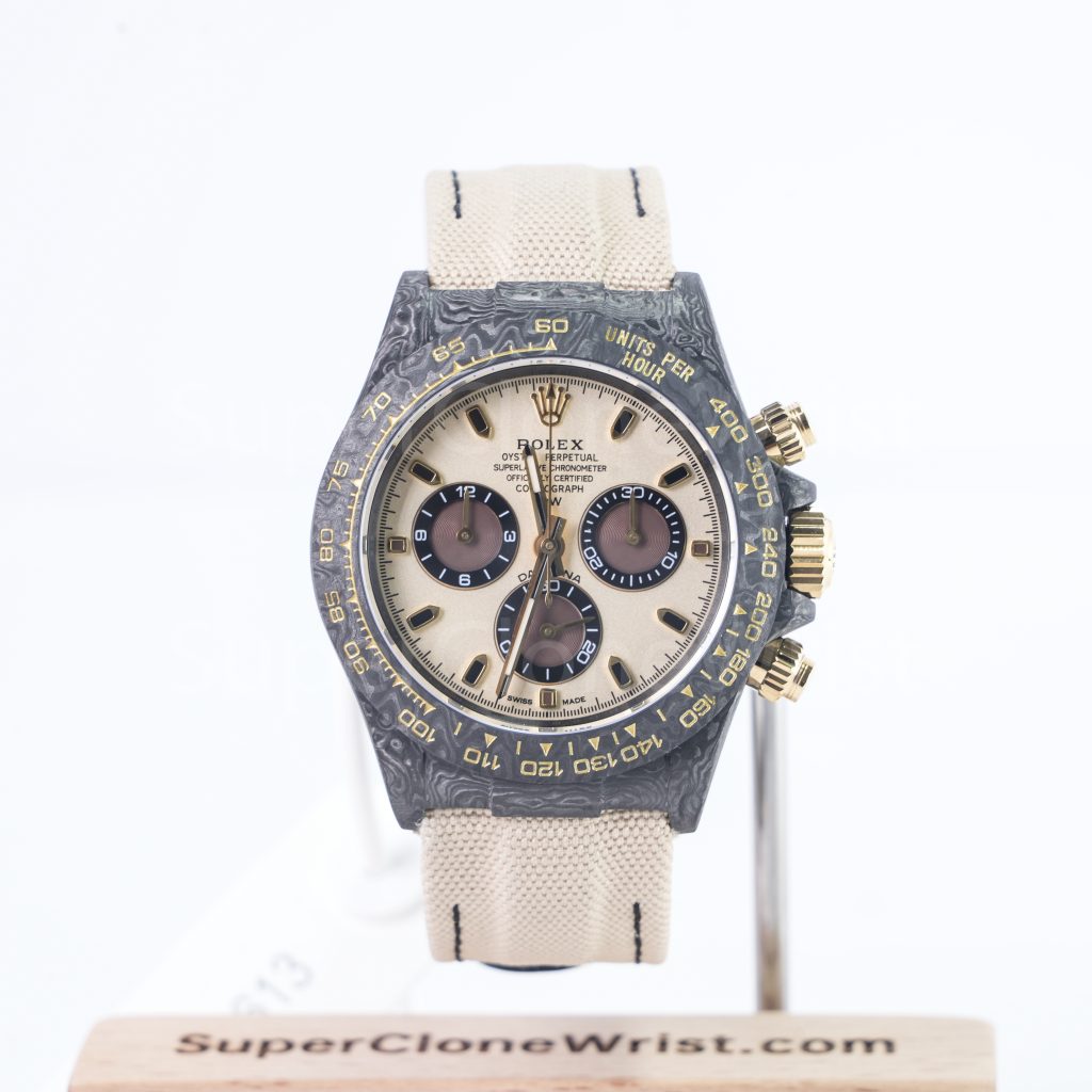 Rolex Daytona DiW "Desert Eagle" Carbon Fiber Beige Dial Carbon Fiber Bezel Beige Fabric Strap 40mm Replica Watches - 1