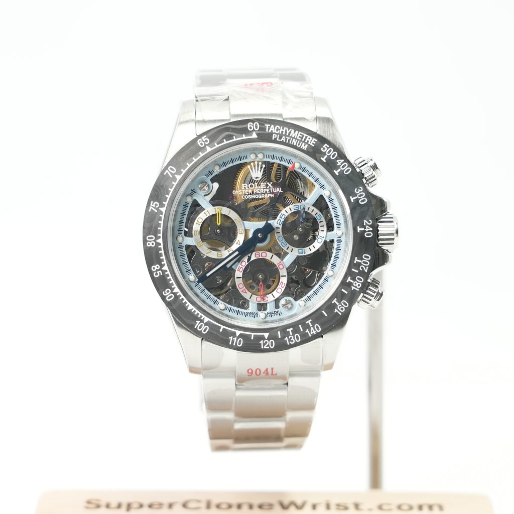 Rolex Daytona Steel Skeleton Ice Blue Dial Carbon Bezel Steel Oyster Bracelet 40mm Replica Watches - 1
