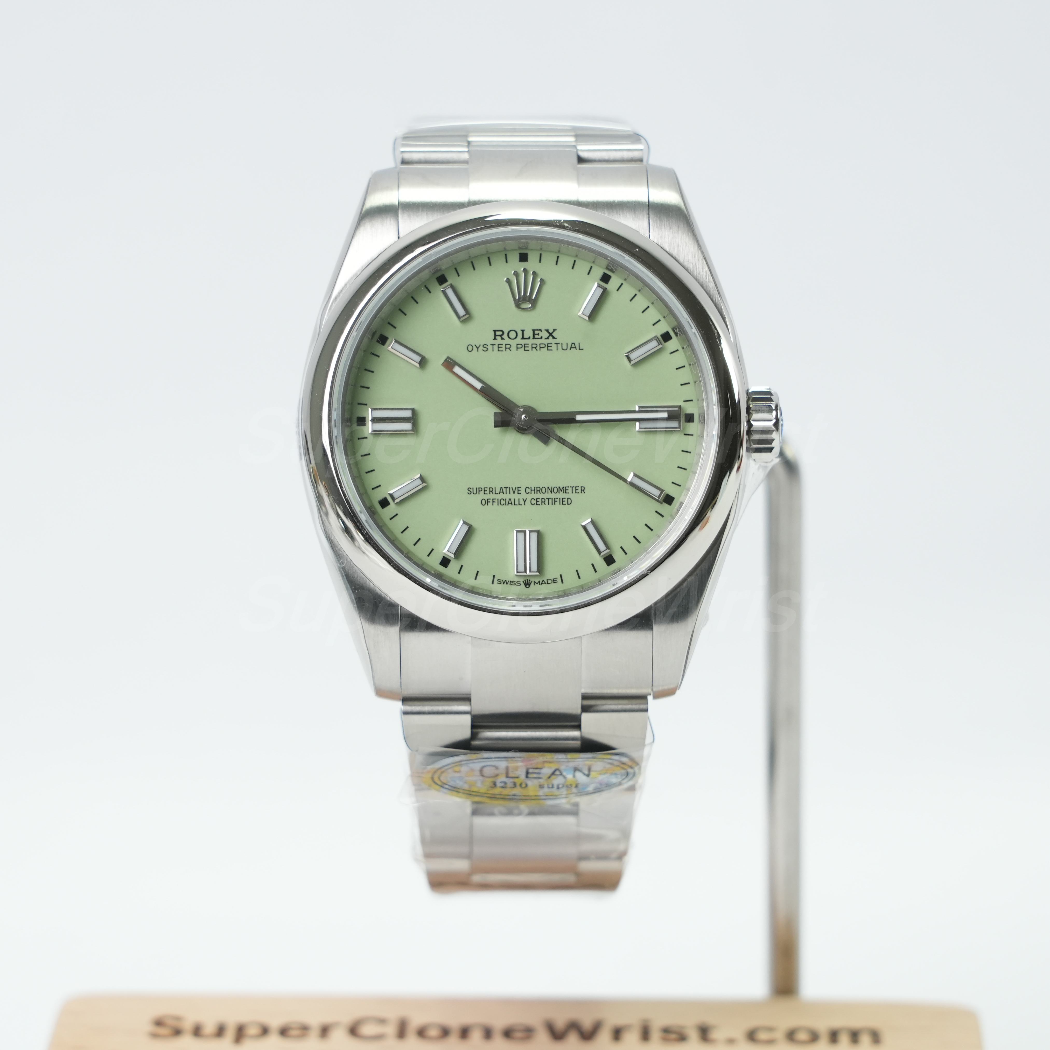 Rolex Oyster Perpetual pistachio green dial 36mm replica watch before shipping confirmation