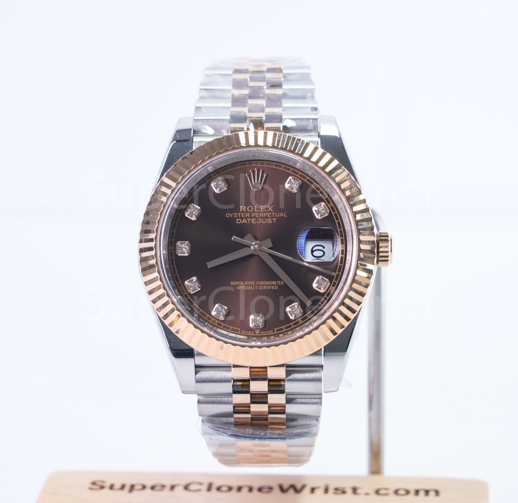 Rolex Datejust 126331 Two-Tone Rose Gold Chocolate Sunray Diamond Dial Fluted Bezel Jubilee Bracelet 41mm Replica Watches - 1