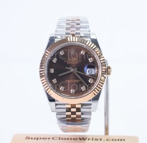 Rolex Datejust 126331 Two-Tone Rose Gold Chocolate Sunray Diamond Dial Fluted Bezel Jubilee Bracelet 41mm Replica Watches - 1