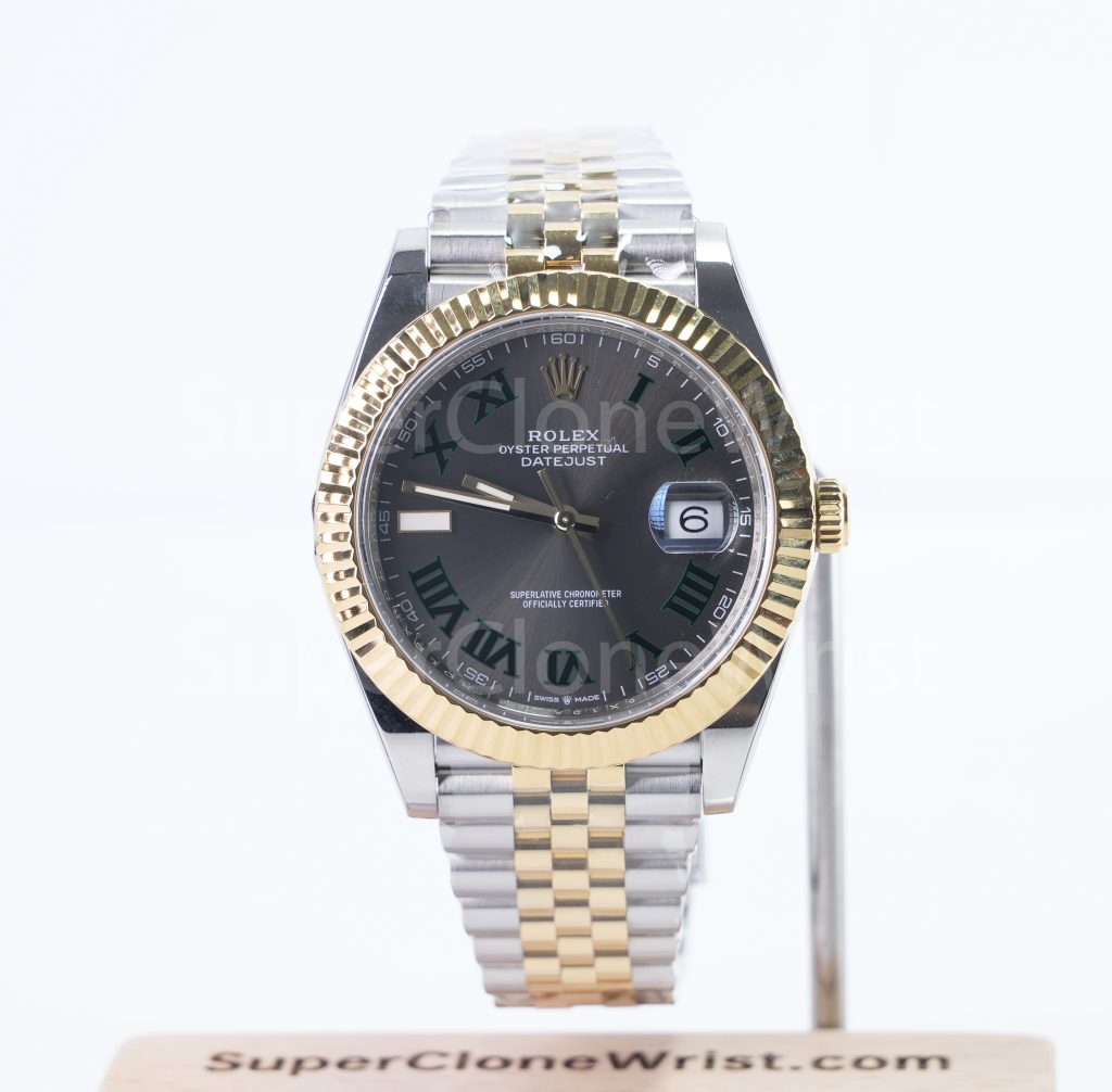 Rolex Datejust 126333 Two-Tone Yellow Gold Wimbledon Grey Sunray Roman Dial Fluted Bezel Jubilee Bracelet 41mm Replica Watches - 1