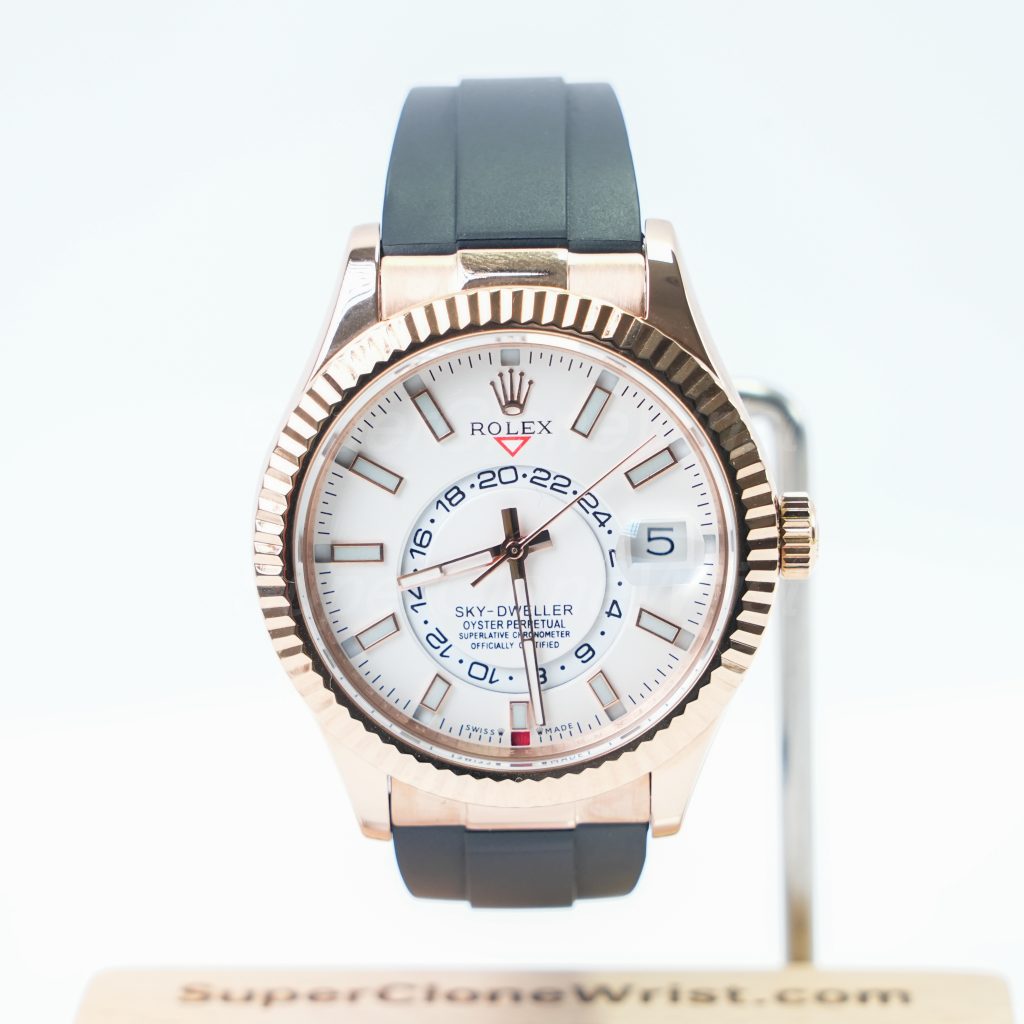 Rolex-Sky-Dweller-336235-White-Dial-Rose-Gold-Rubber-Strap-42mm Super Clone Watches Replica Watches - 1