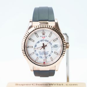Rolex-Sky-Dweller-336235-White-Dial-Rose-Gold-Rubber-Strap-42mm Super Clone Watches Replica Watches - 1