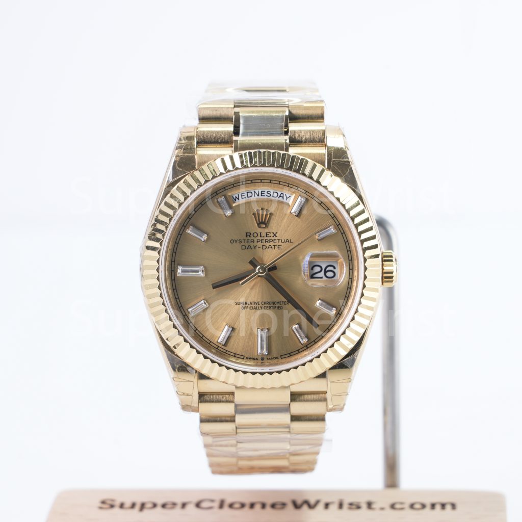 Rolex Day-Date 228238 18K Yellow Gold Champagne Sunray Baguette Diamond Dial Fluted Bezel President Bracelet 40mm Replica Watches - 1