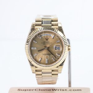 Rolex Day-Date 228238 18K Yellow Gold Champagne Sunray Baguette Diamond Dial Fluted Bezel President Bracelet 40mm Replica Watches - 1