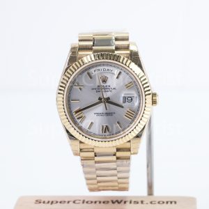 Rolex Day-Date 228238 18K Yellow Gold Silver Sunray Roman Dial Fluted Bezel President Bracelet 40mm Replica Watches - 1