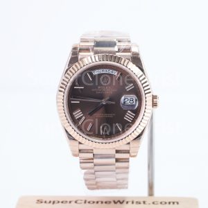 Rolex Day-Date 228235 Rose Gold Chocolate Sunray Roman Dial Fluted Bezel President Bracelet 40mm Replica Watches - 1