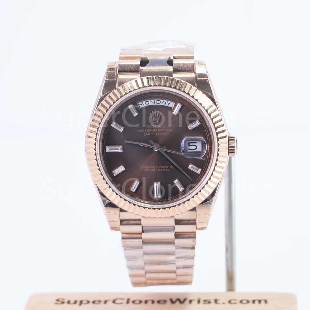 Rolex Day-Date 228235 Rose Gold Chocolate Sunray Baguette Diamond Dial Fluted Bezel President Bracelet 40mm Replica Watches - 1