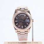 Rolex Day-Date 228235 Rose Gold Chocolate Sunray Baguette Diamond Dial Fluted Bezel President Bracelet 40mm Replica Watches - 1