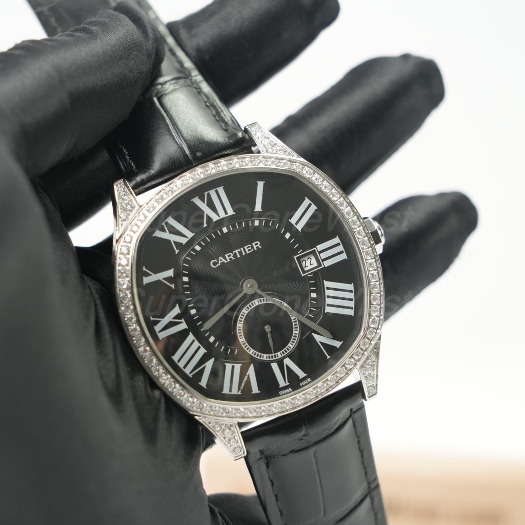 Cartier Drive de Cartier Steel Diamond Bezel Cushion Case Black Dial Black Alligator Leather Strap 40mm Replica Watches - 2
