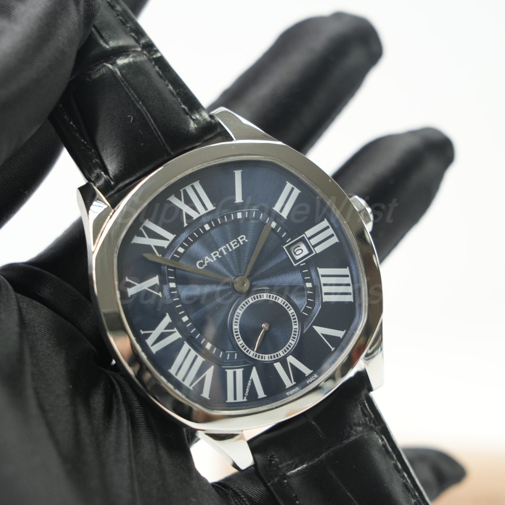 Cartier Drive de Cartier Steel Cushion Case Blue Dial Black Alligator Leather Strap 40mm Replica Watches - 2