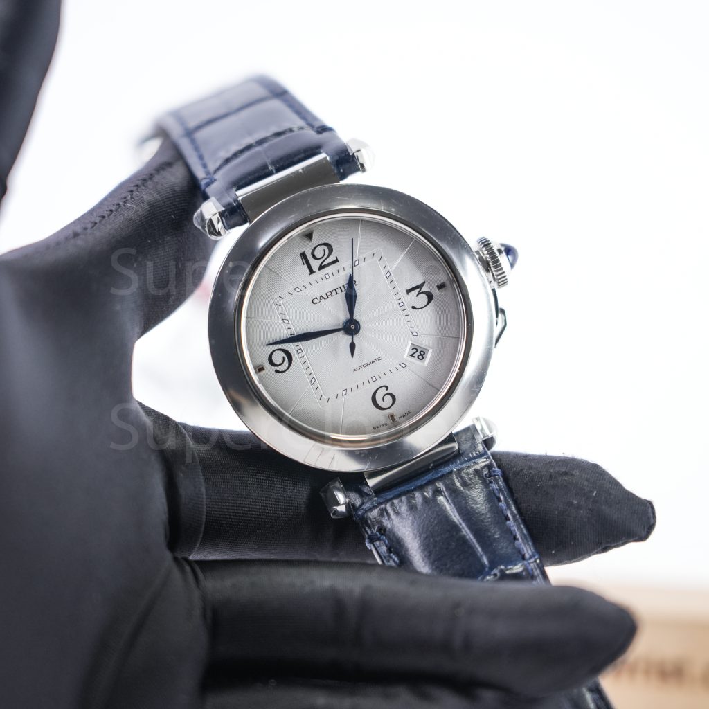 Cartier Pasha de Cartier Steel White Dial Steel Bezel Blue Alligator Leather Strap 41mm Replica Watches - 2