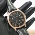 Cartier Drive de Cartier Rose Gold Diamond Bezel Cushion Case Black Dial Black Alligator Leather Strap 40mm Replica Watches - 2