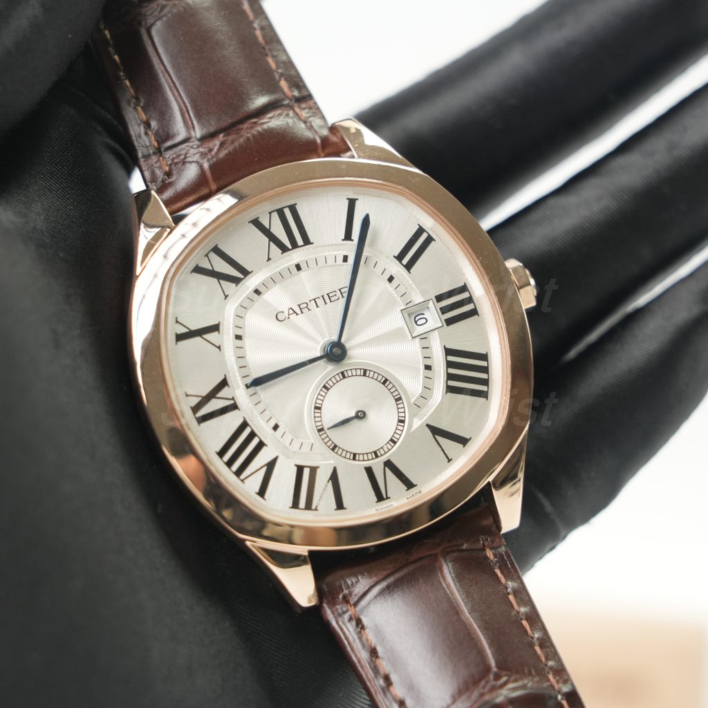 Cartier Drive de Cartier Rose Gold Cushion Case Silver Dial Brown Alligator Leather Strap 40mm Replica Watches - 2