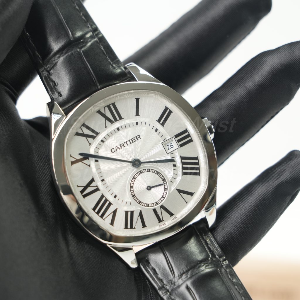 Cartier Drive de Cartier Steel Cushion Case Silver Dial Black Alligator Leather Strap 40mm Replica Watches - 2