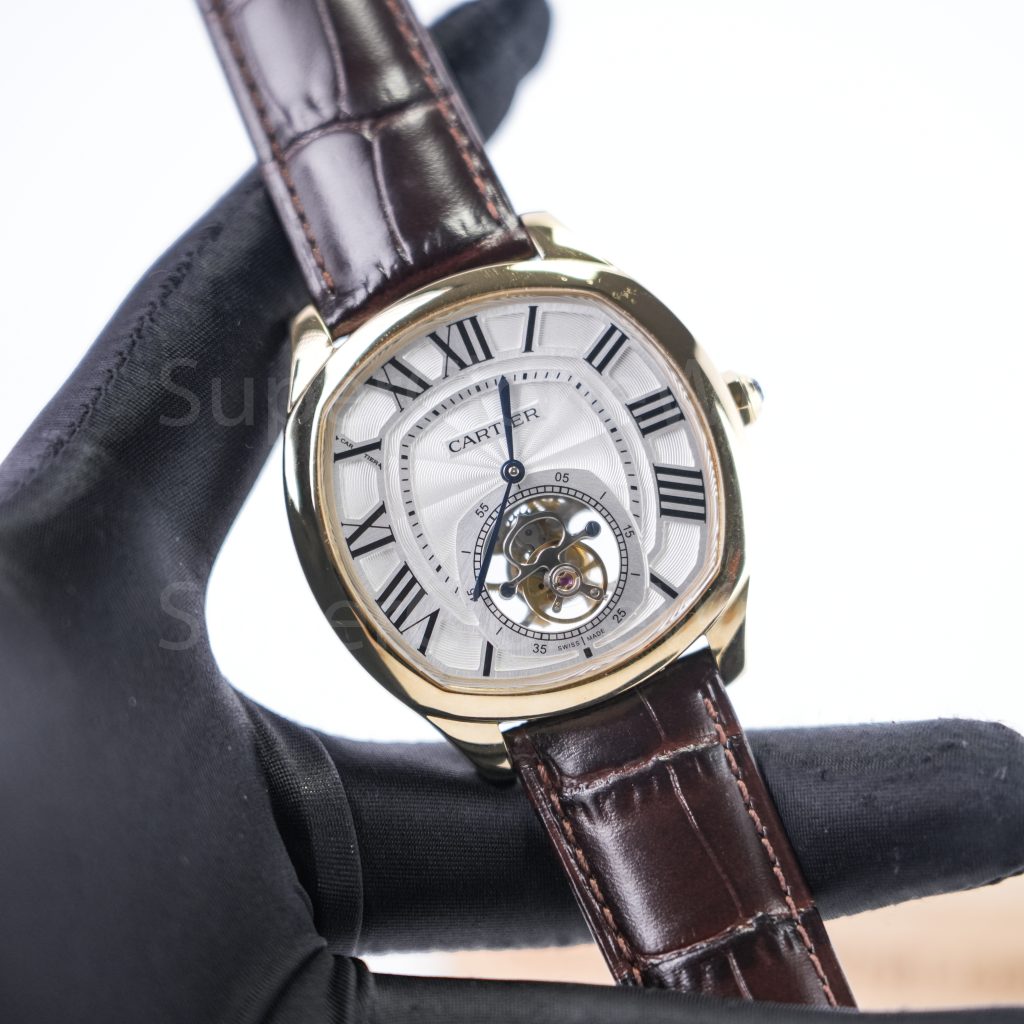 Cartier Drive de Cartier Yellow Gold Smooth Bezel Cushion Case White Dial Tourbillon Brown Alligator Leather Strap 40mm Replica Watches - 2