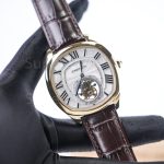 Cartier Drive de Cartier Yellow Gold Smooth Bezel Cushion Case White Dial Tourbillon Brown Alligator Leather Strap 40mm Replica Watches - 2