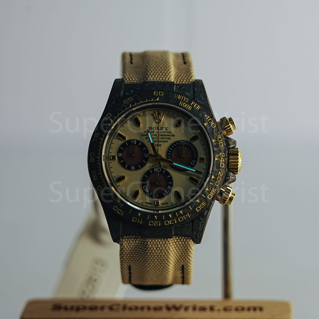 Rolex Daytona DiW "Desert Eagle" Carbon Fiber Beige Dial Carbon Fiber Bezel Beige Fabric Strap 40mm Replica Watches - 2