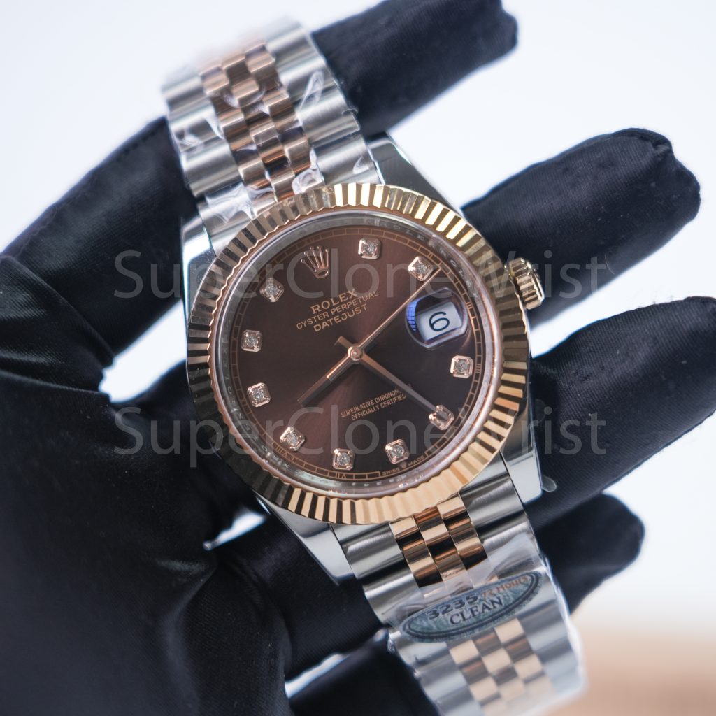Rolex Datejust 126331 Two-Tone Rose Gold Chocolate Sunray Diamond Dial Fluted Bezel Jubilee Bracelet 41mm Replica Watches - 2