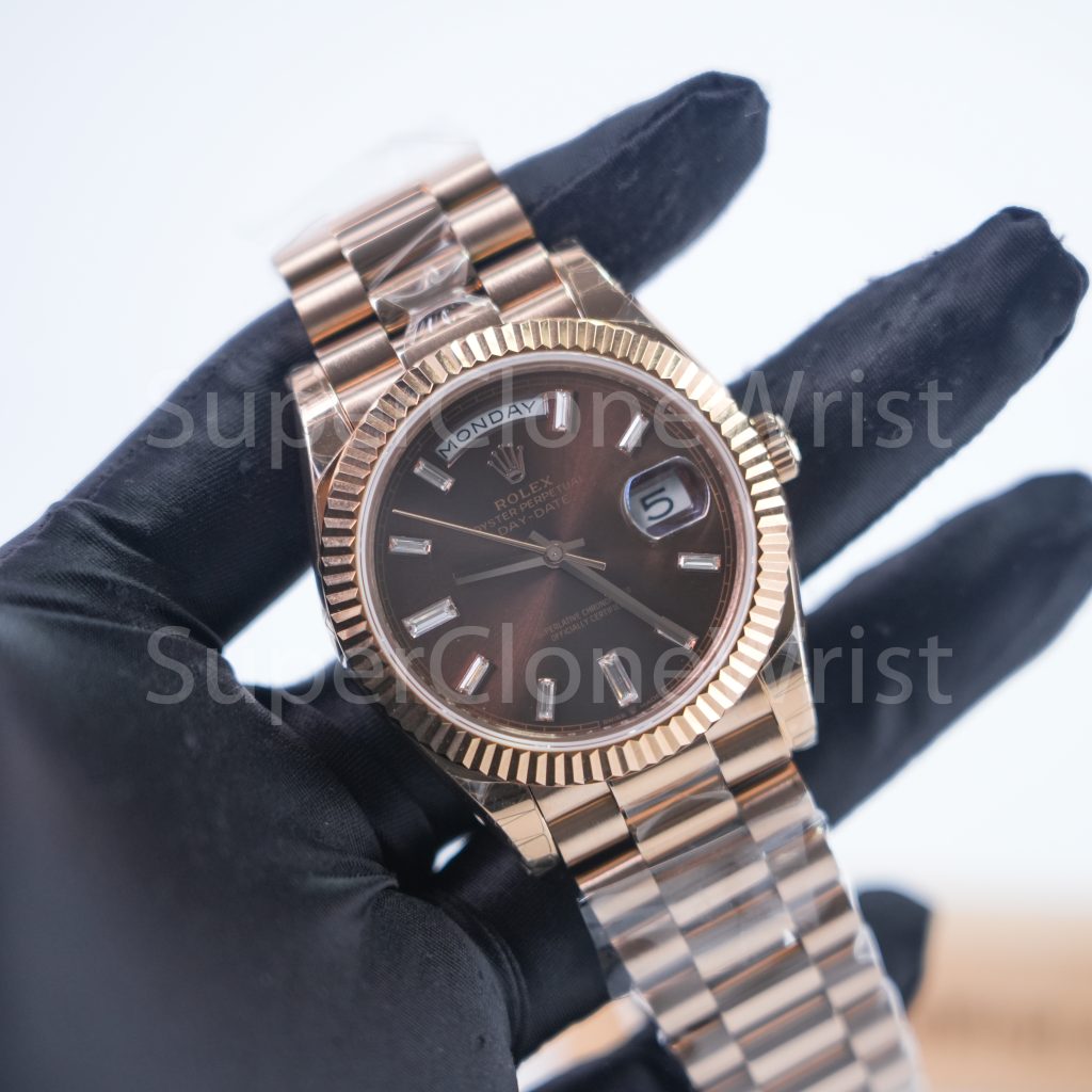 Rolex Day-Date 228235 Rose Gold Chocolate Sunray Baguette Diamond Dial Fluted Bezel President Bracelet 40mm Replica Watches - 2