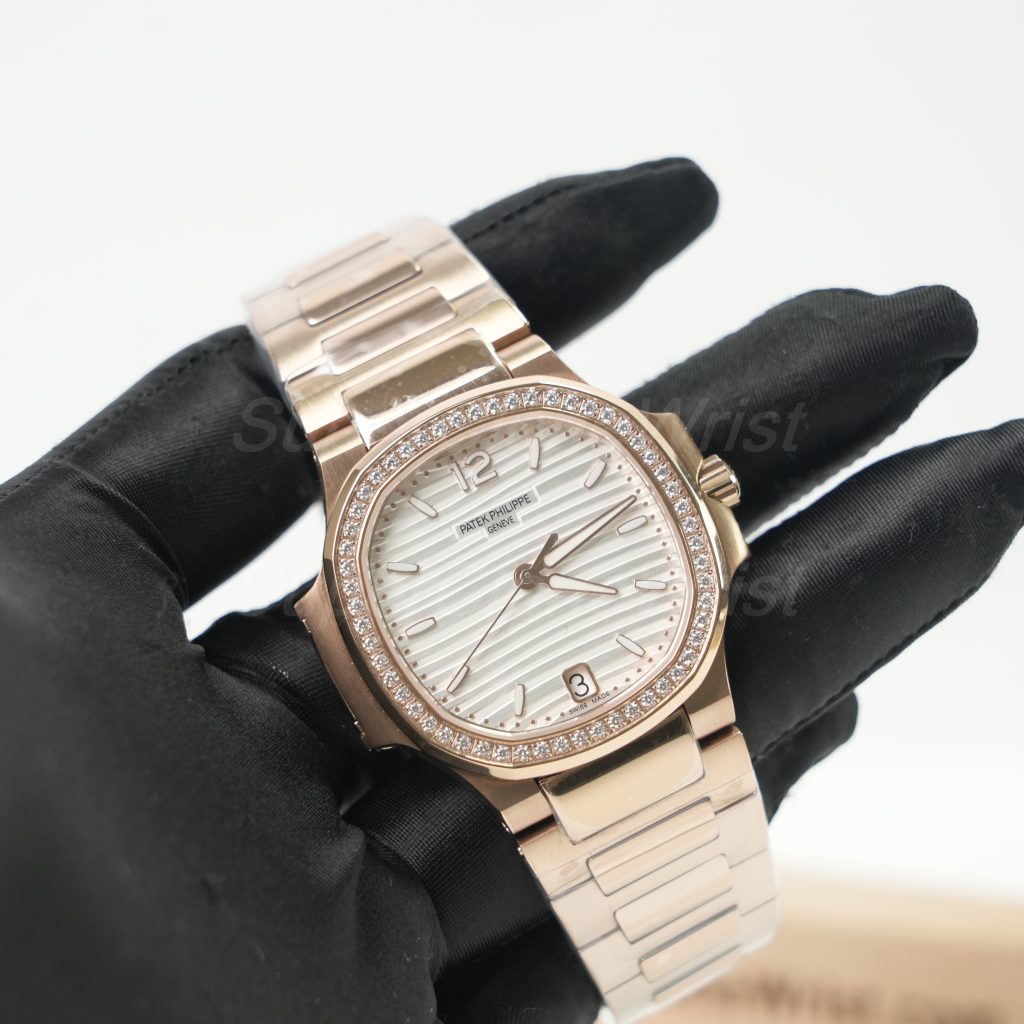 Patek Philippe Nautilus 7118/1200R Rose Gold Silvery Opaline Dial Diamond Bezel Rose Gold Bracelet 35mm Replica Watches - 3