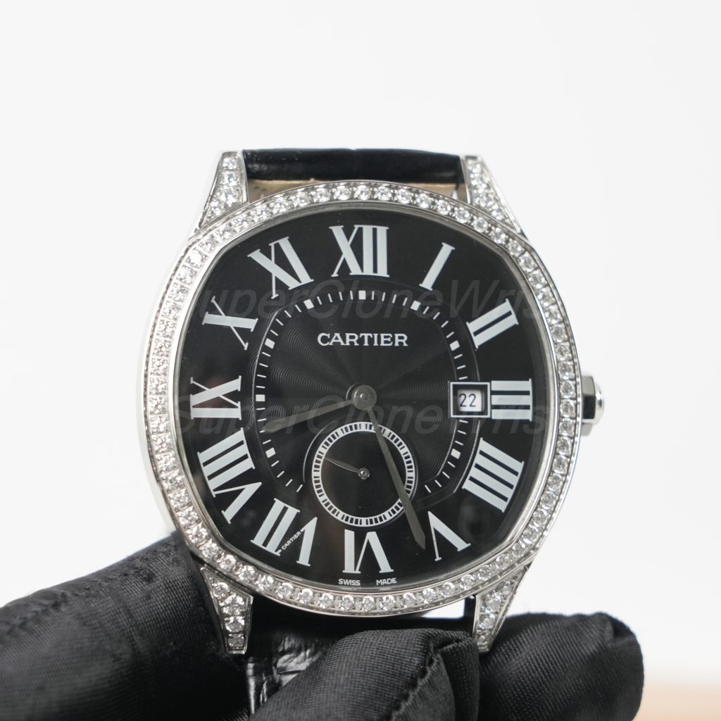 Cartier Drive de Cartier Steel Diamond Bezel Cushion Case Black Dial Black Alligator Leather Strap 40mm Replica Watches - 3