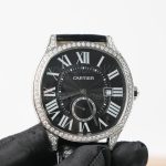 Cartier Drive de Cartier Steel Diamond Bezel Cushion Case Black Dial Black Alligator Leather Strap 40mm Replica Watches - 3