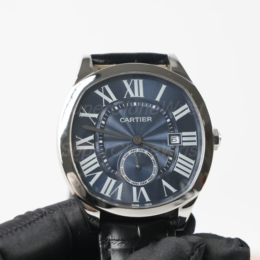 Cartier Drive de Cartier Steel Cushion Case Blue Dial Black Alligator Leather Strap 40mm Replica Watches - 3