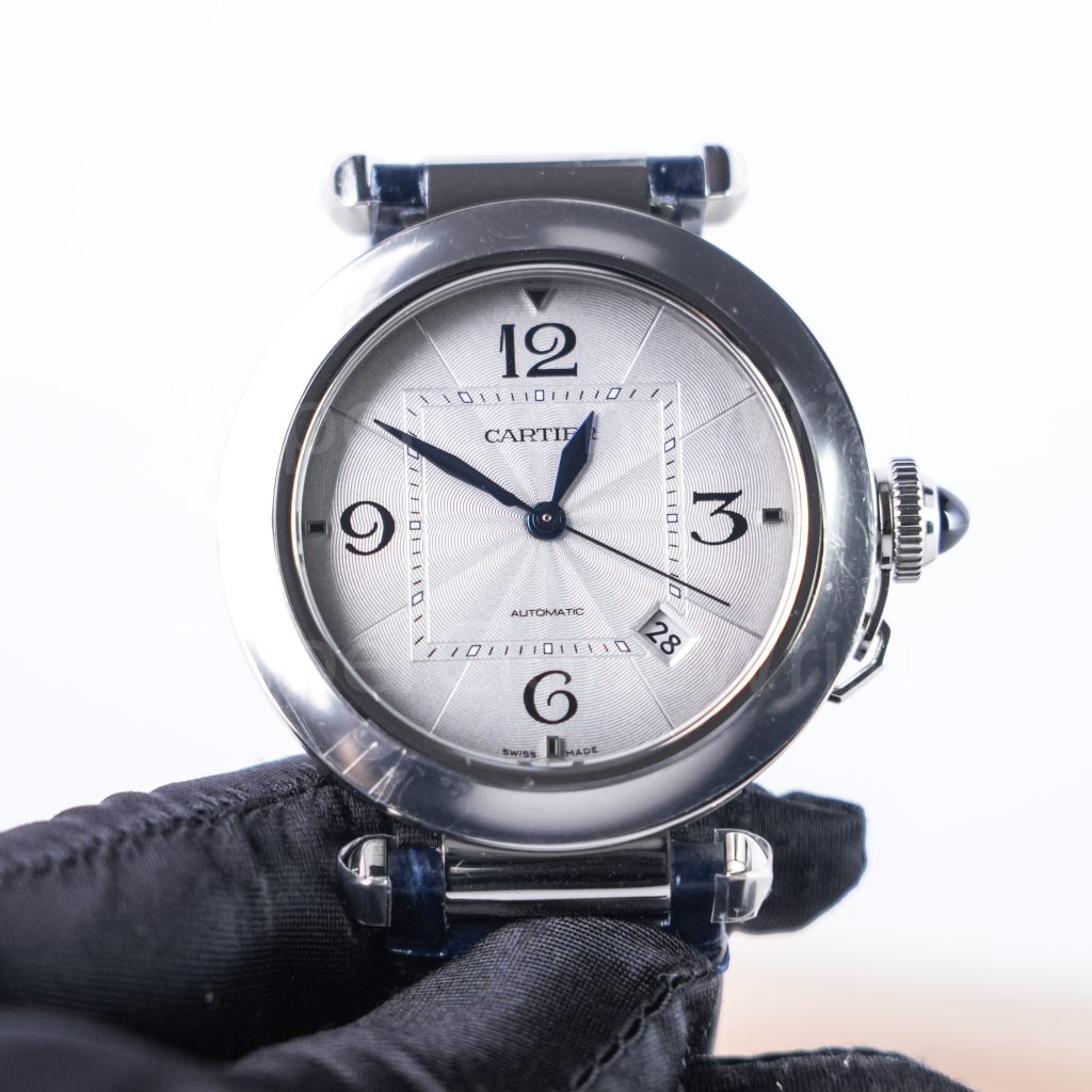 Cartier Pasha de Cartier Steel White Dial Steel Bezel Blue Alligator Leather Strap 41mm Replica Watches - 3