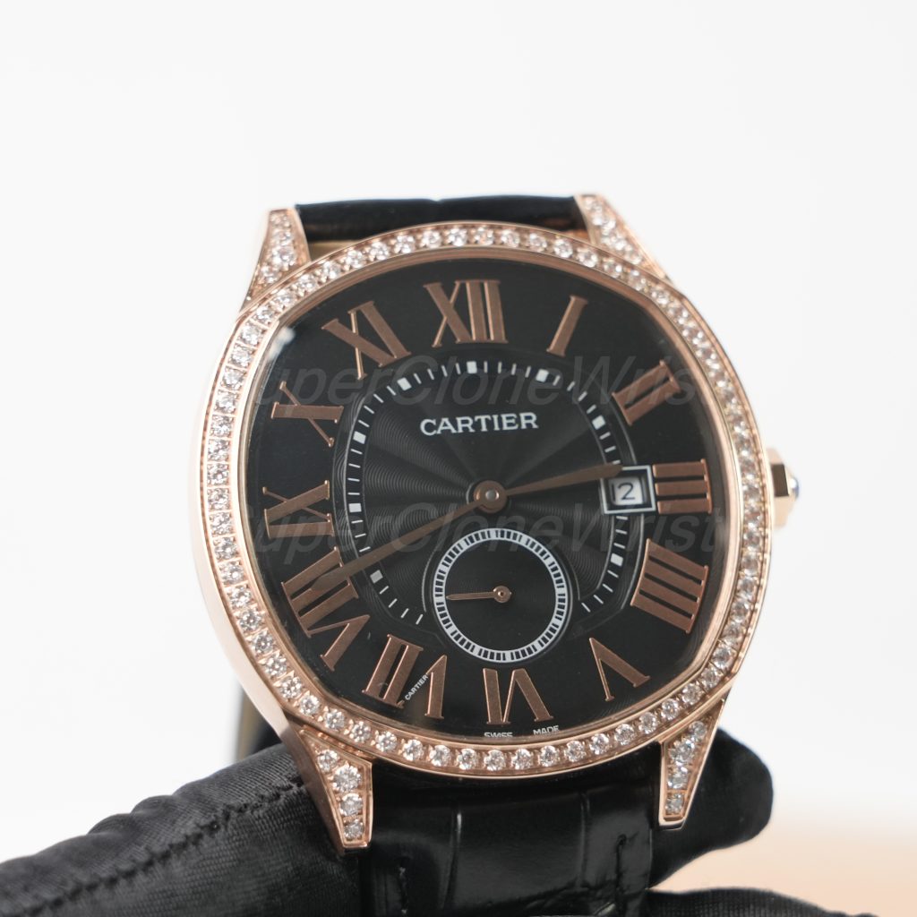 Cartier Drive de Cartier Rose Gold Diamond Bezel Cushion Case Black Dial Black Alligator Leather Strap 40mm Replica Watches - 3