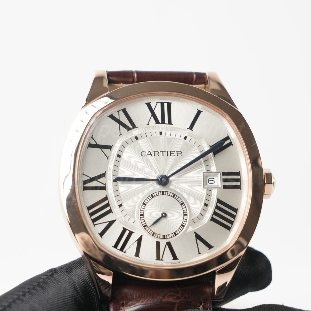 Cartier Drive de Cartier Rose Gold Cushion Case Silver Dial Brown Alligator Leather Strap 40mm Replica Watches - 3