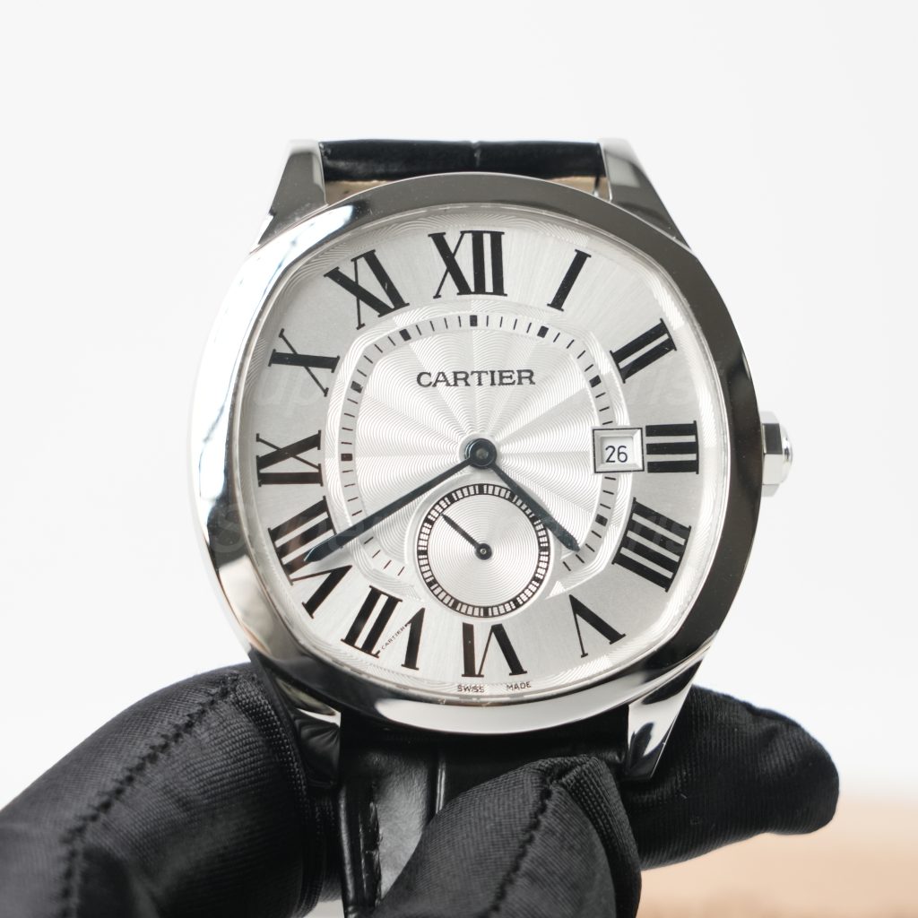 Cartier Drive de Cartier Steel Cushion Case Silver Dial Black Alligator Leather Strap 40mm Replica Watches - 3