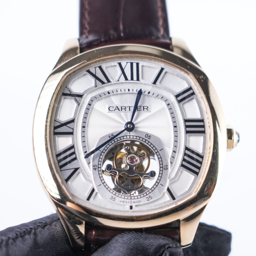 Cartier Drive de Cartier Yellow Gold Smooth Bezel Cushion Case White Dial Tourbillon Brown Alligator Leather Strap 40mm Replica Watches - 3