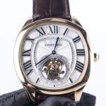 Cartier Drive de Cartier Yellow Gold Smooth Bezel Cushion Case White Dial Tourbillon Brown Alligator Leather Strap 40mm Replica Watches - 3