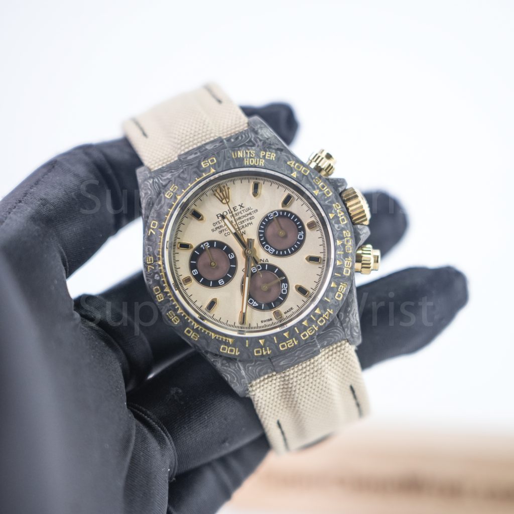 Rolex Daytona DiW "Desert Eagle" Carbon Fiber Beige Dial Carbon Fiber Bezel Beige Fabric Strap 40mm Replica Watches - 3