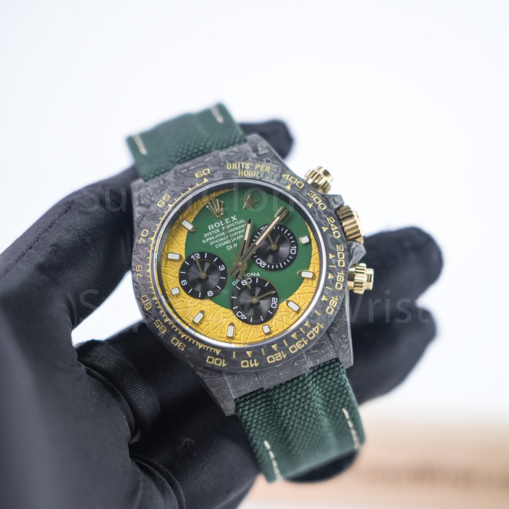 Rolex Daytona DiW Ramadan Carbon Fiber Green Gold Dial Carbon Fiber Bezel Green Fabric Strap 40mm Replica Watches - 3