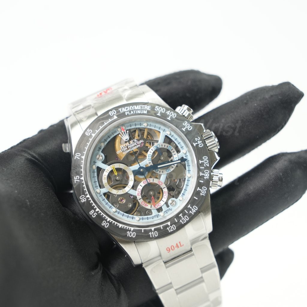 Rolex Daytona Steel Skeleton Ice Blue Dial Carbon Bezel Steel Oyster Bracelet 40mm Replica Watches - 3
