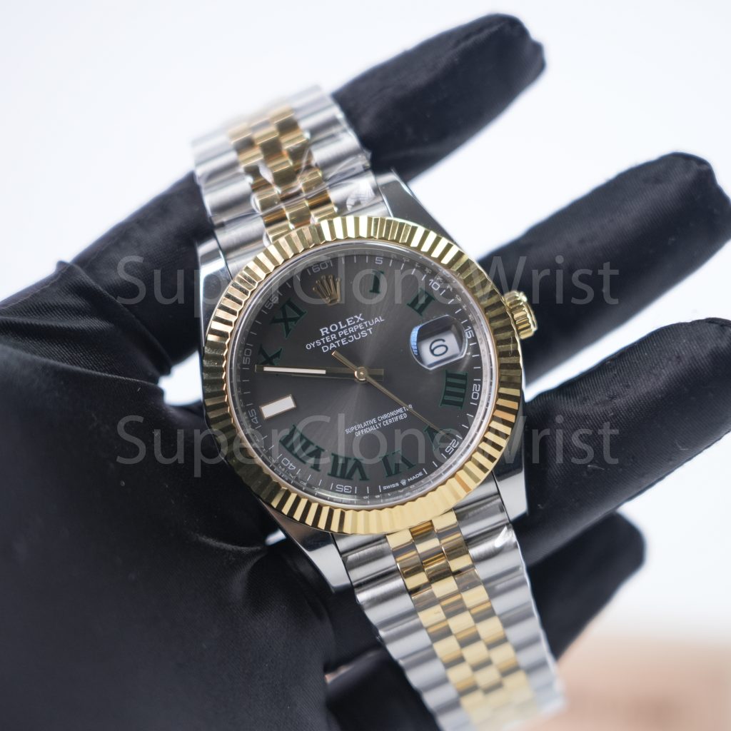 Rolex Datejust 126333 Two-Tone Yellow Gold Wimbledon Grey Sunray Roman Dial Fluted Bezel Jubilee Bracelet 41mm Replica Watches - 3