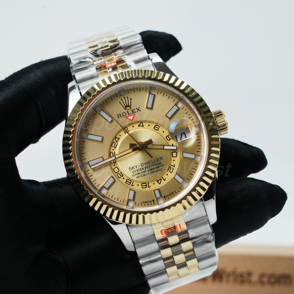 Rolex-Sky-Dweller-326933-Gold-Dial-Steel-Gold-42mm Super Clone Watches Replica Watches - 3