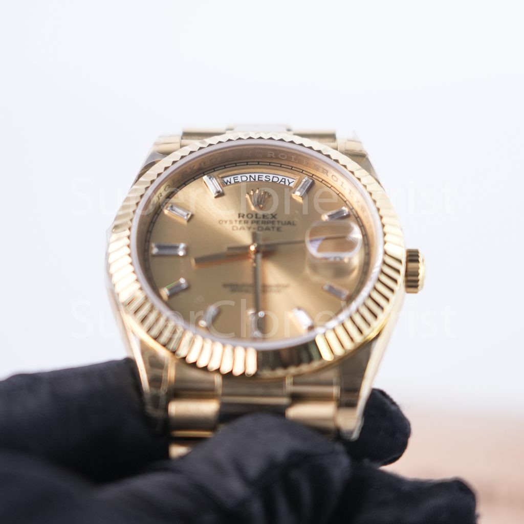 Rolex Day-Date 228238 18K Yellow Gold Champagne Sunray Baguette Diamond Dial Fluted Bezel President Bracelet 40mm Replica Watches - 3