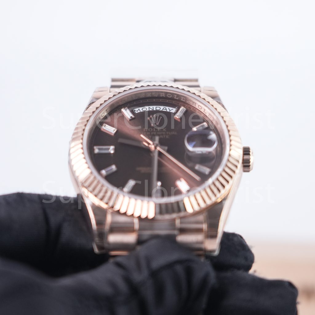 Rolex Day-Date 228235 Rose Gold Chocolate Sunray Baguette Diamond Dial Fluted Bezel President Bracelet 40mm Replica Watches - 3